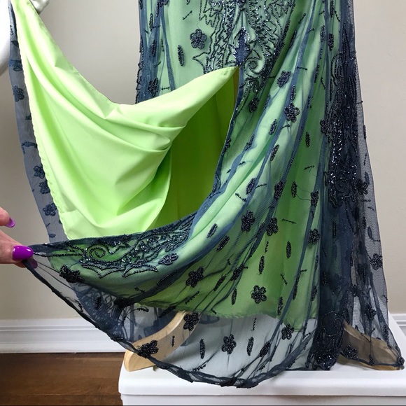 Lillie Rubin Grey Green Beaded Silk Halter Gown - Picture 6 of 8